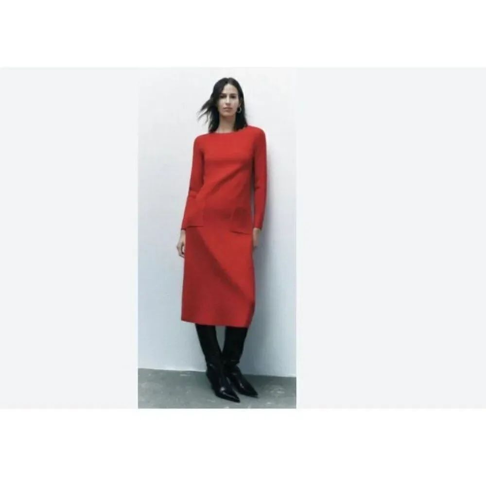 Zara Womans Midi Sweater Dress Jumper Knit Pockets Size S Red 2142/209 NWT